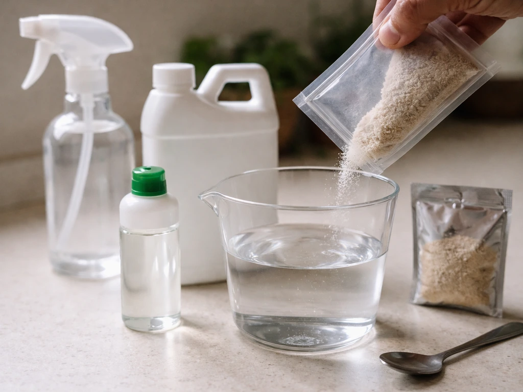 Close-up of measuring cup with water and bottles for mixing Coco-Wet, micronutrients, and concentrate.