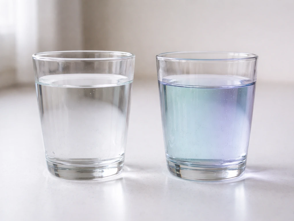 Two glass cups side-by-side: left water still clear after 15 minutes, right shows expected color change.