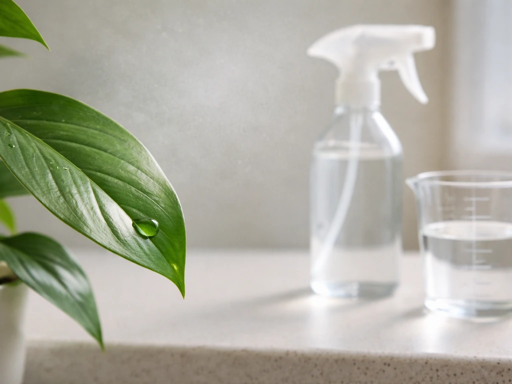 Healthy green plant leaf with water droplets and a plain spray bottle setup suggesting safe daily use.