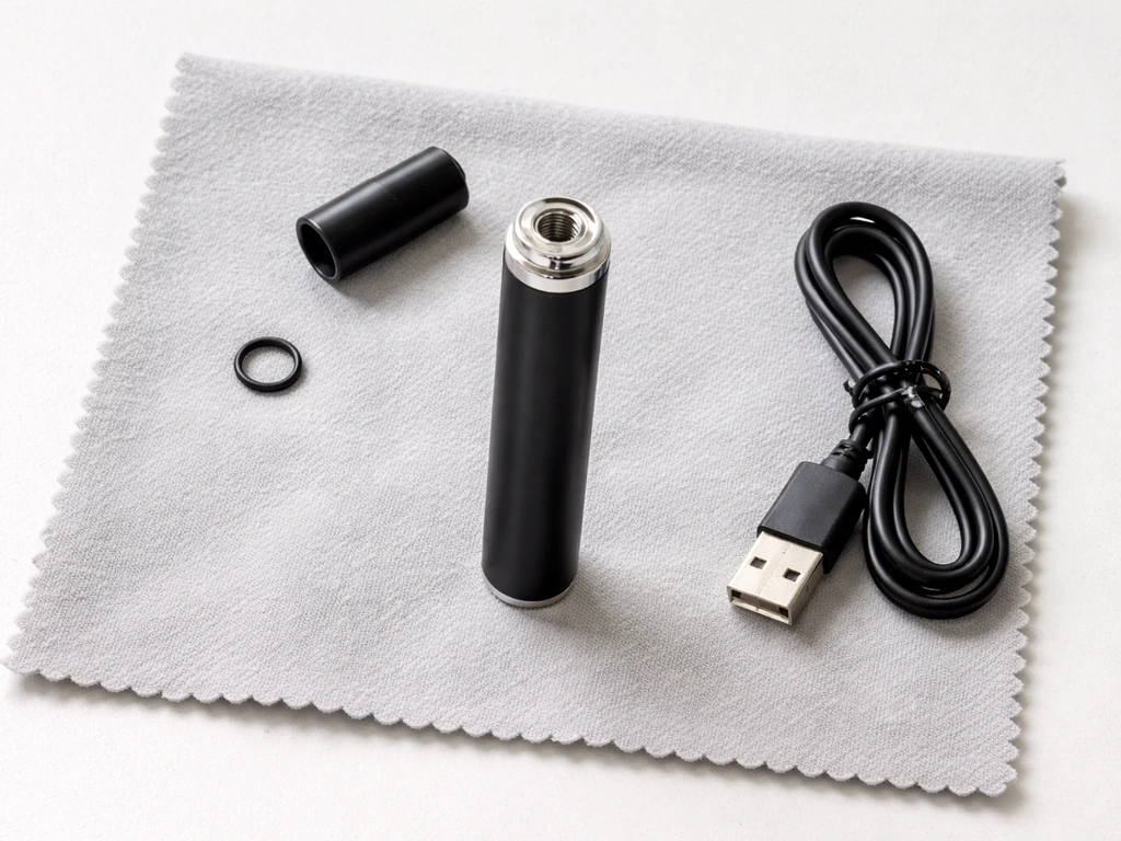 Overhead view of a vape pen battery and parts on a clean surface, showing 510 threading to inspect before use
