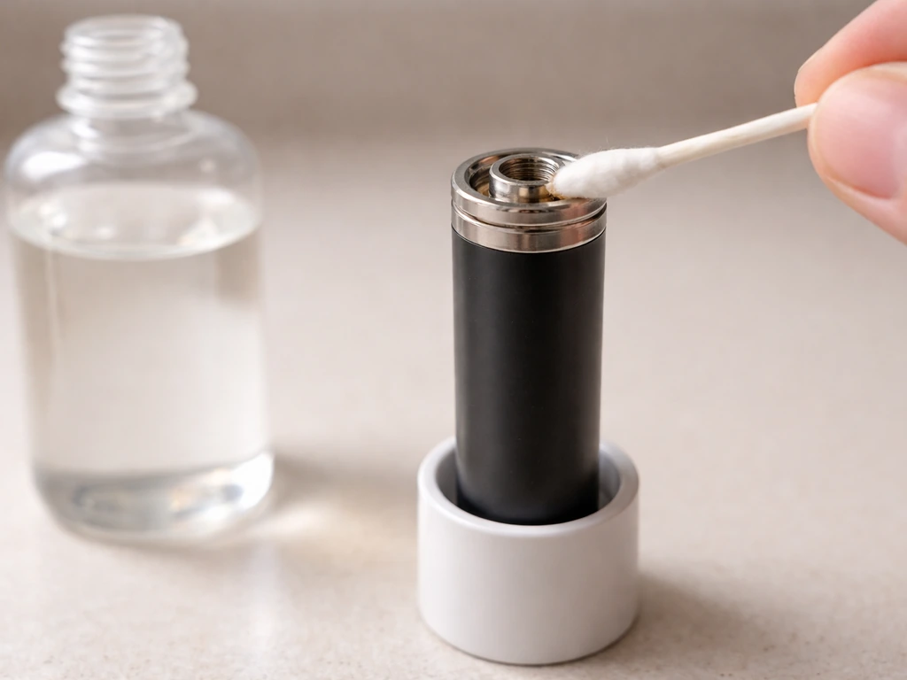 Close-up of a vape pen battery upright with a cotton swab cleaning the 510 connection using 91% isopropyl.