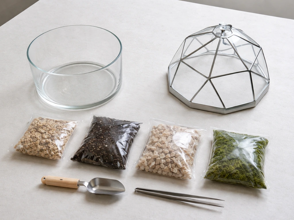 Terrarium kit components neatly laid out on a clean tabletop, ready for assembly.