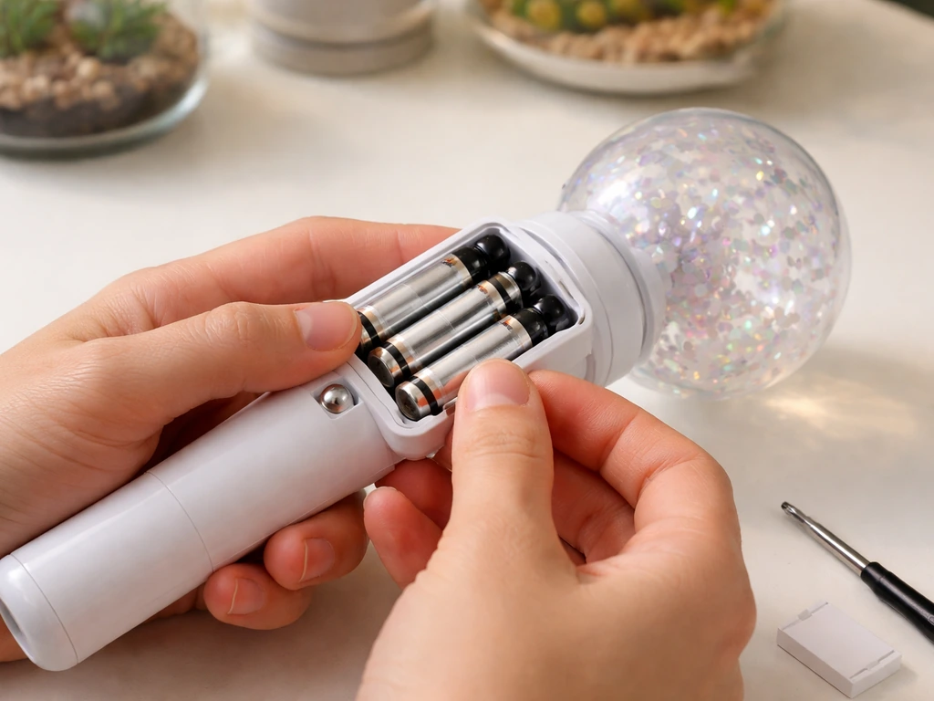 Hands inserting three AAA batteries into an open light stick battery compartment