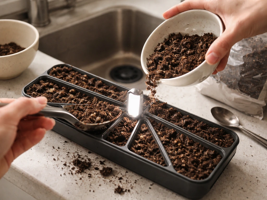 Hands pouring moistened potting mix into planting sections around a central tray by a kitchen sink drain plug.