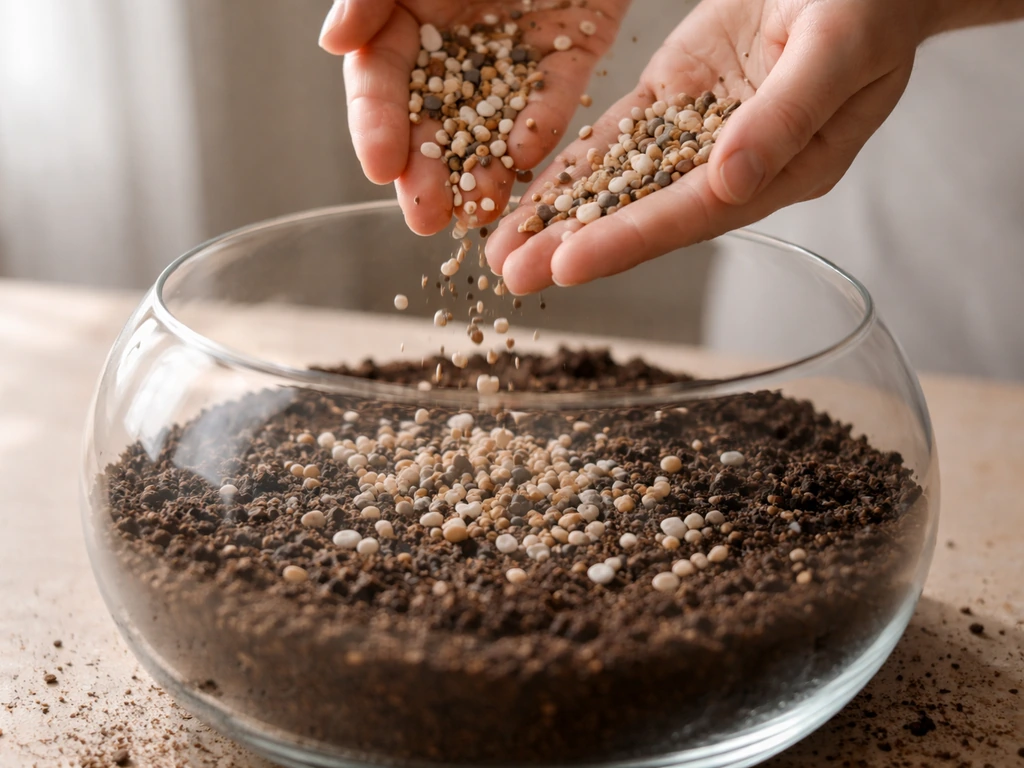 Hand sprinkling small decorative stones onto a terrarium soil base in a simple, minimal setup