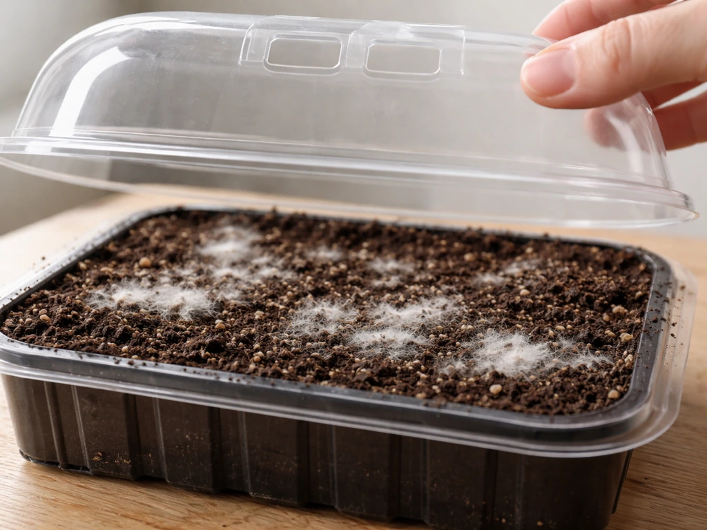 Open clear geodome lid with visible fuzzy white mold on dark soil surface in an indoor planter.