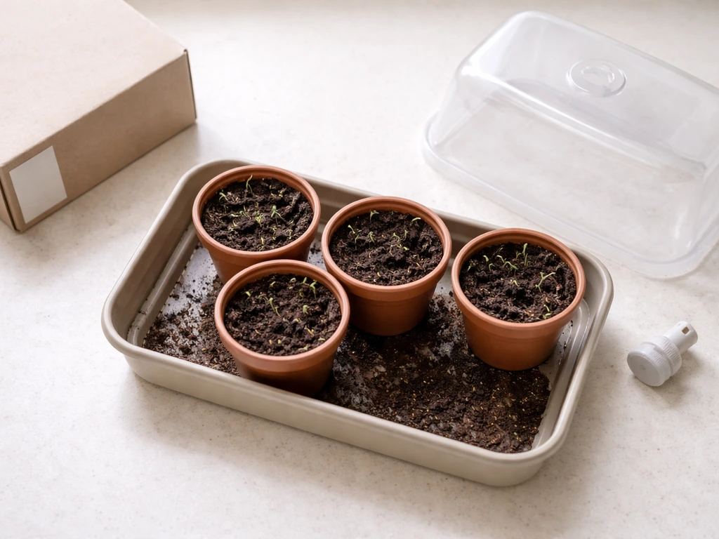 Top-down view of a small bonsai grow tray with seed medium, sprouts, and kit packaging label.