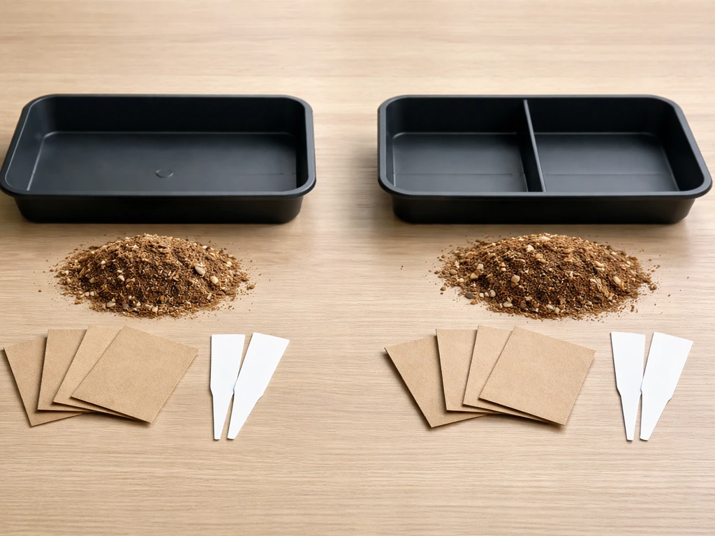 Two side-by-side bonsai grow kit setups on a wooden table with trays, seed packets, and medium piles.