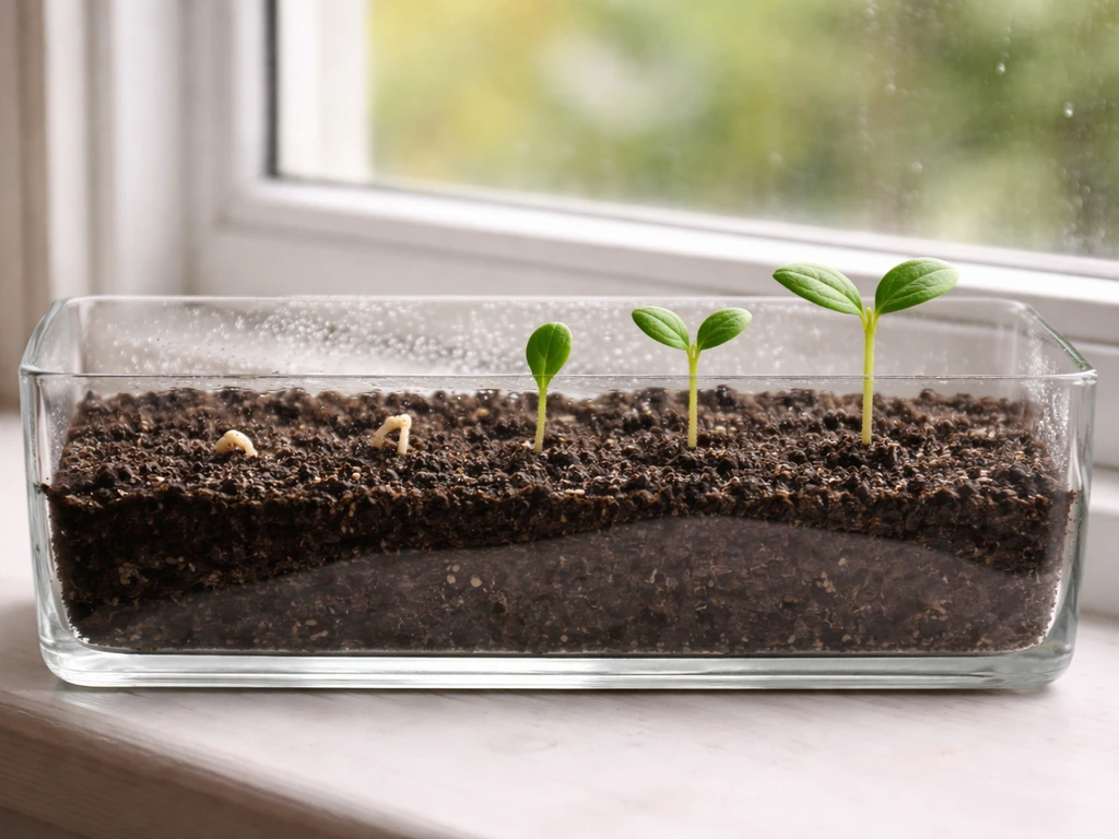 Small seed sprouts in a clear container on a bright windowsill, with light mist droplets on soil.