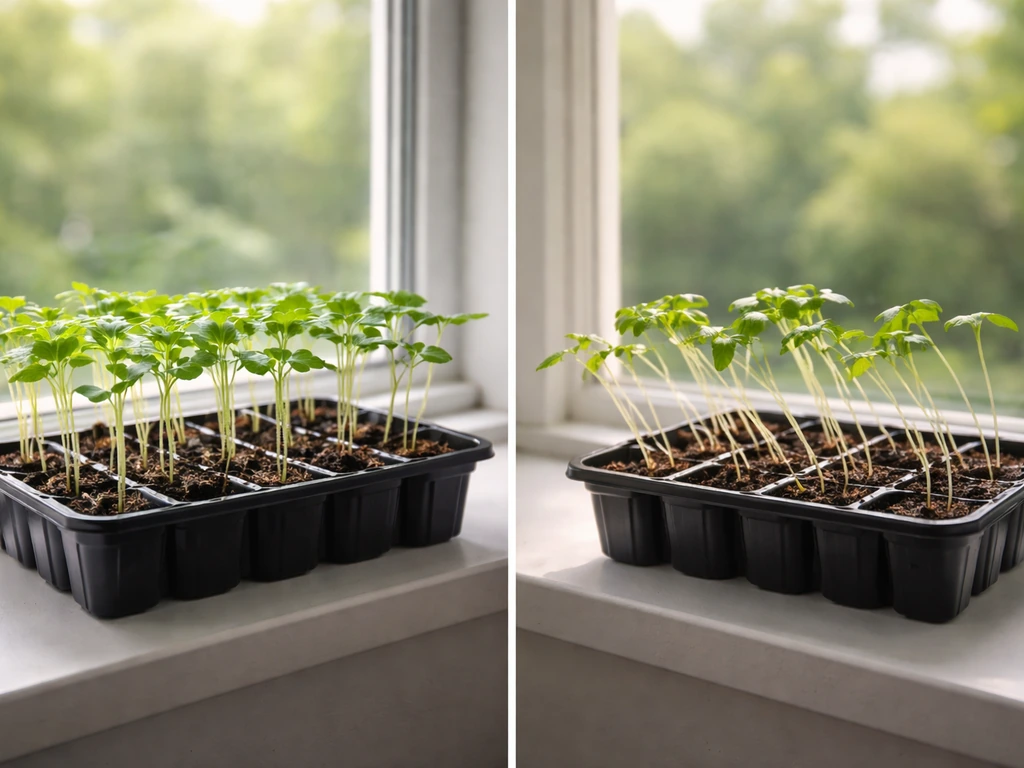 Split view of healthy upright seedlings and leggy seedlings leaning toward light by a window