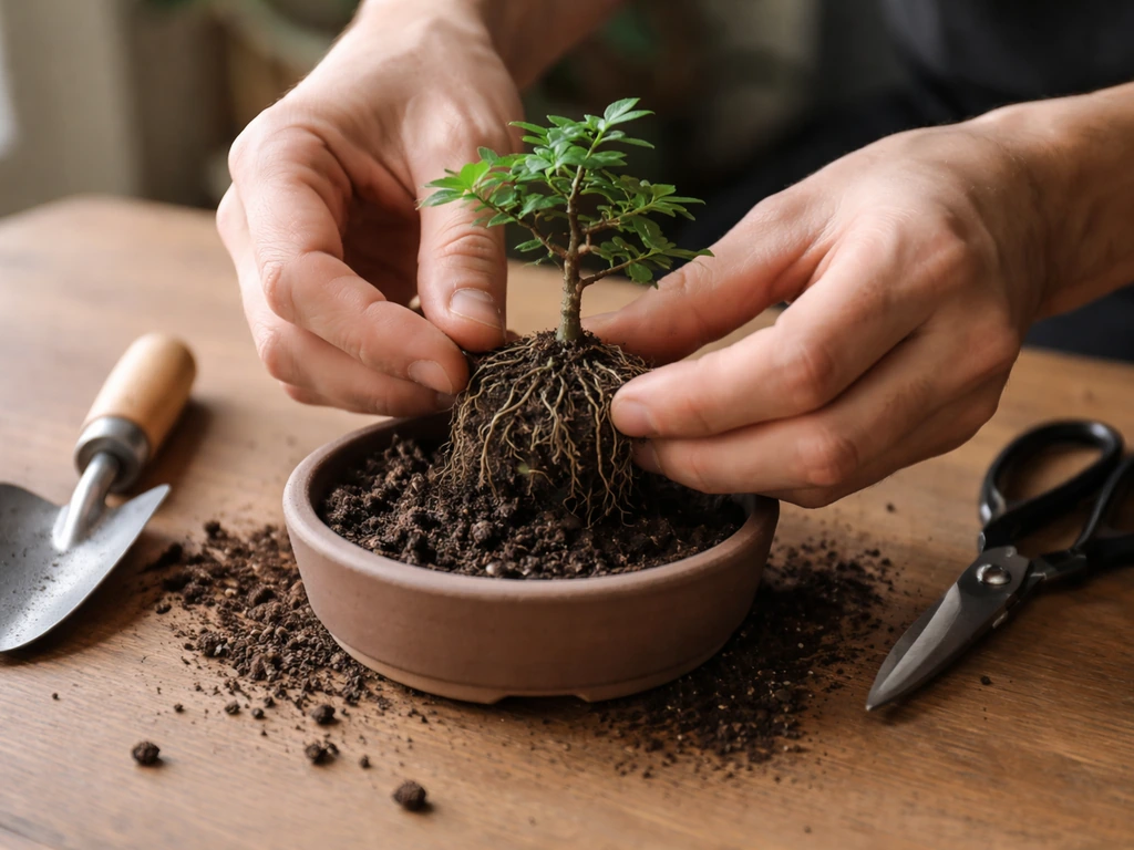 Hands transplant a small bonsai seedling into a larger training pot with tools on a wooden table.