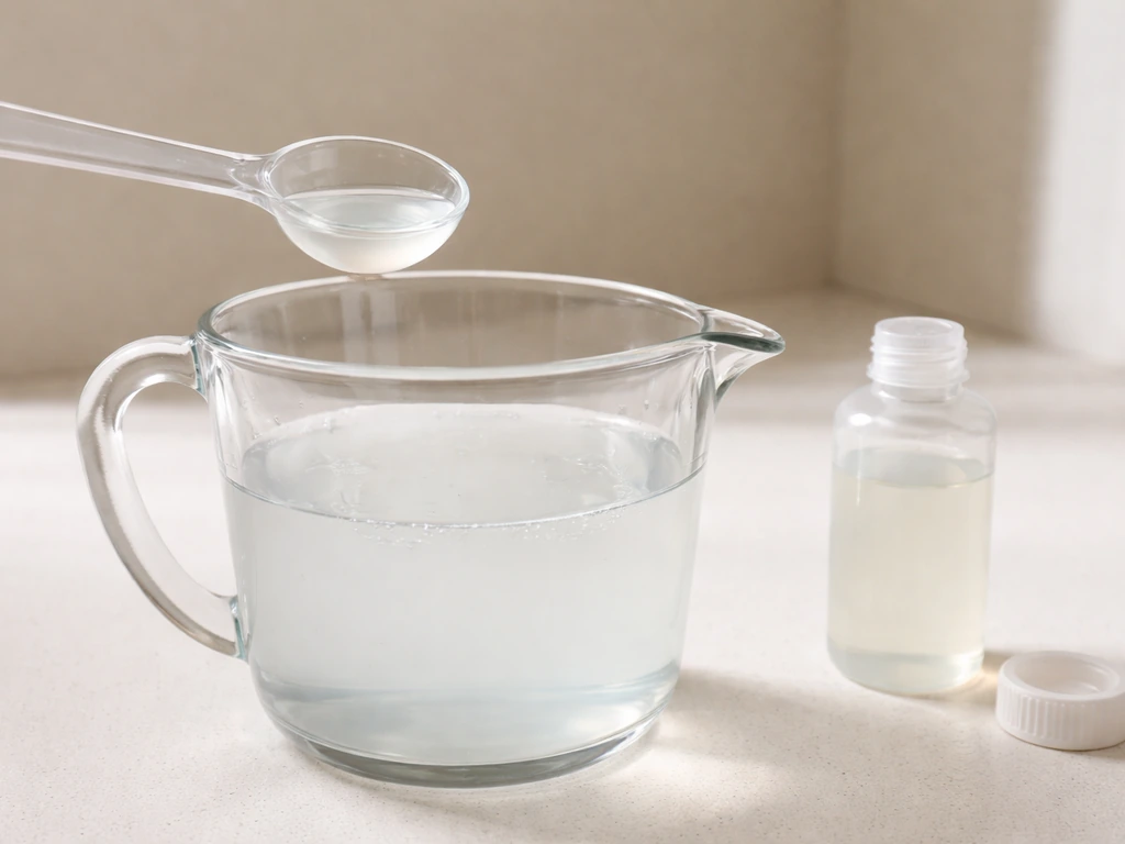 Measuring spoon and concentrate bottle beside a glass jug of water on a clean counter.
