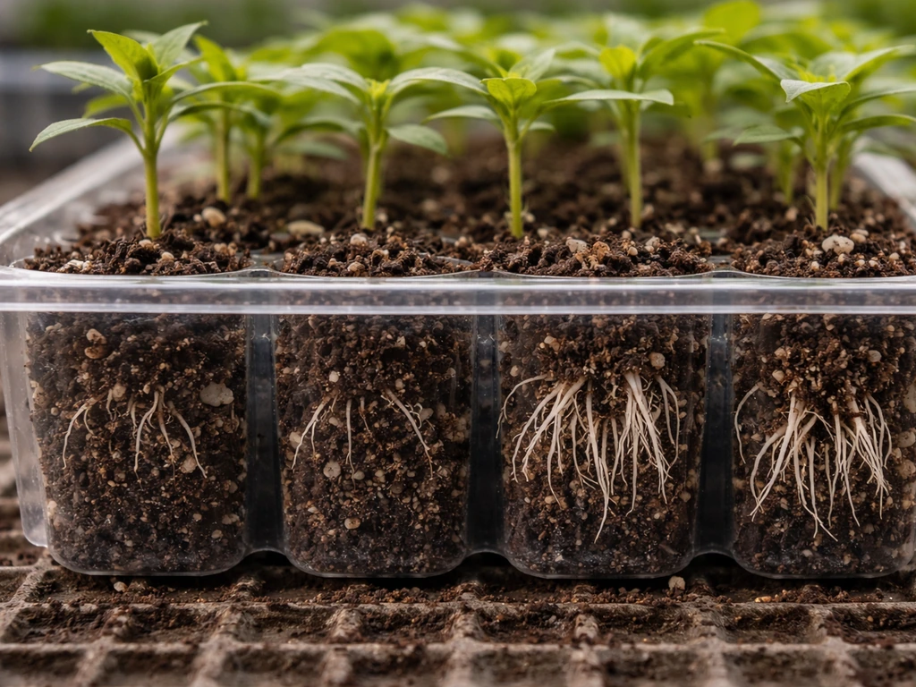 Seedlings in a propagation tray with one weak-rooting set compared to healthy rooted cuttings.
