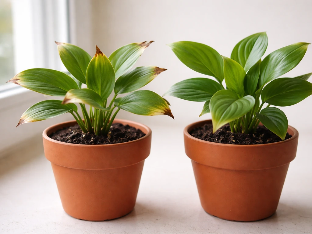 Close-up of two potted plants—one with leaf tip burn from over-concentration and a healthy green one nearby.