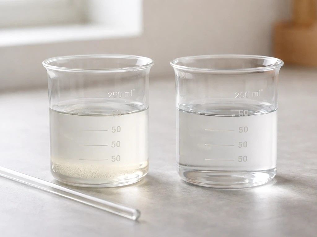Two clear and cloudy liquid samples in transparent glass containers on a counter, minimal, realistic photo moment.