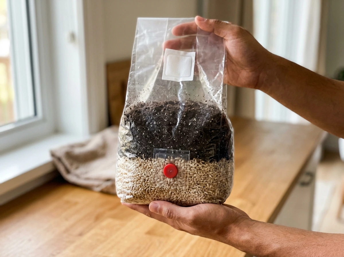 Booming Acres AIO grow bag showing the grain layer and CVG substrate layers through the bag