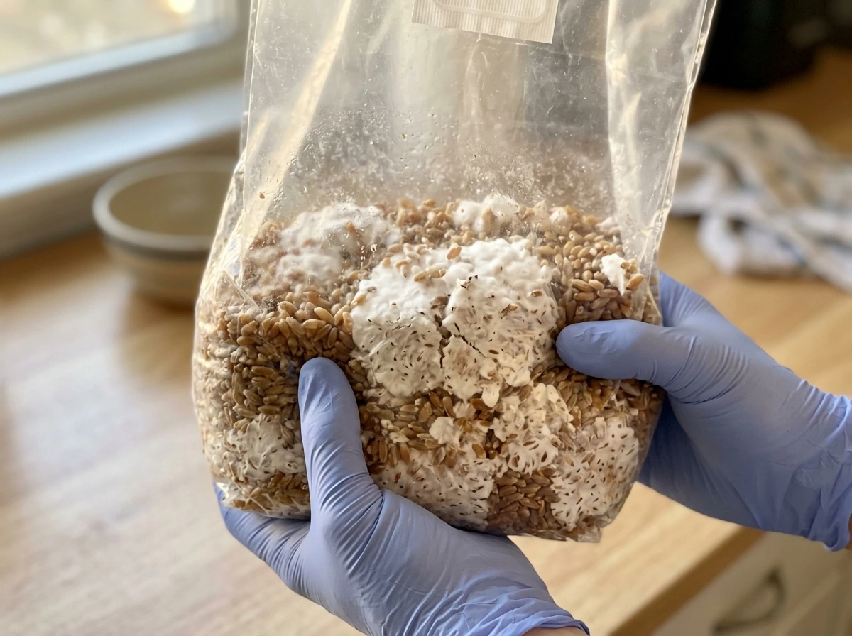 Break-and-shake moment: colonized white grain being broken and mixed inside the bag