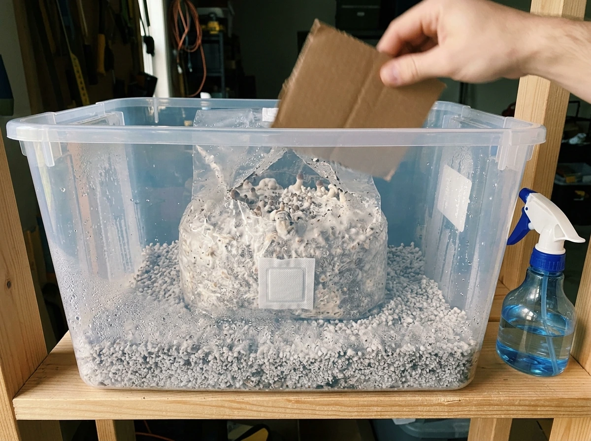 Fruiting in a tub method: colonized block in moist perlite with fresh-air exchange