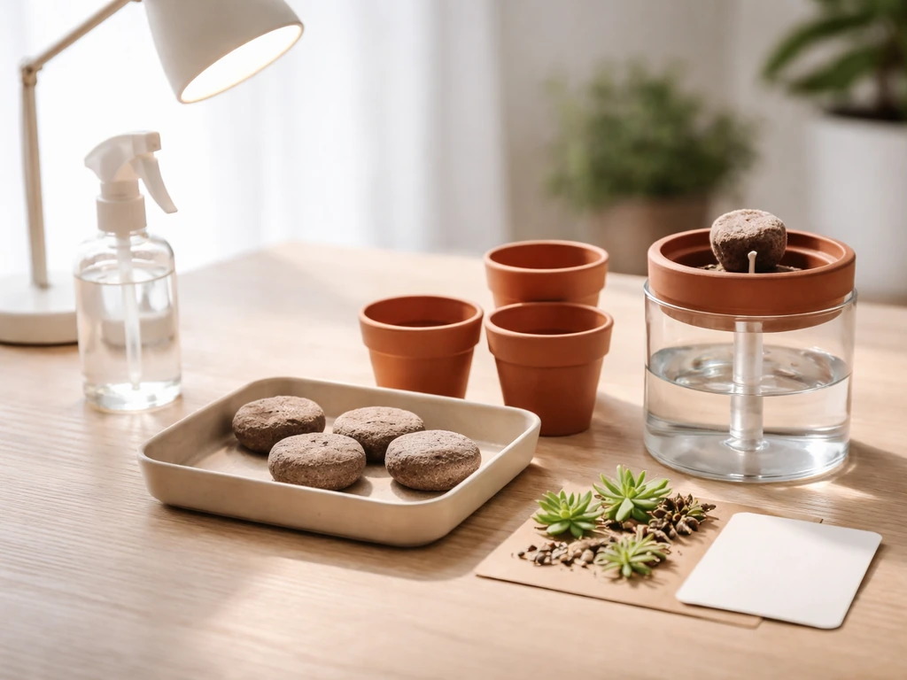 Buzzy succulent grow kit components neatly laid out, ready for quick planting with wicks and light placement.