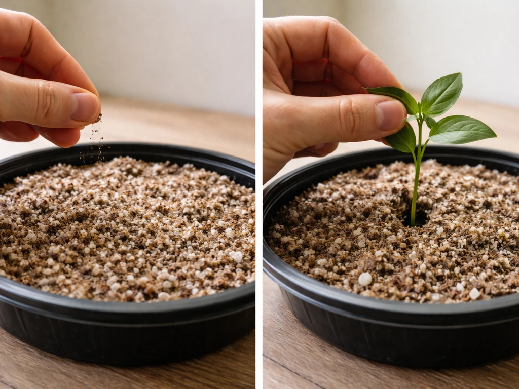 Split-frame view of seeds sown into medium vs cuttings inserted into similar container kit