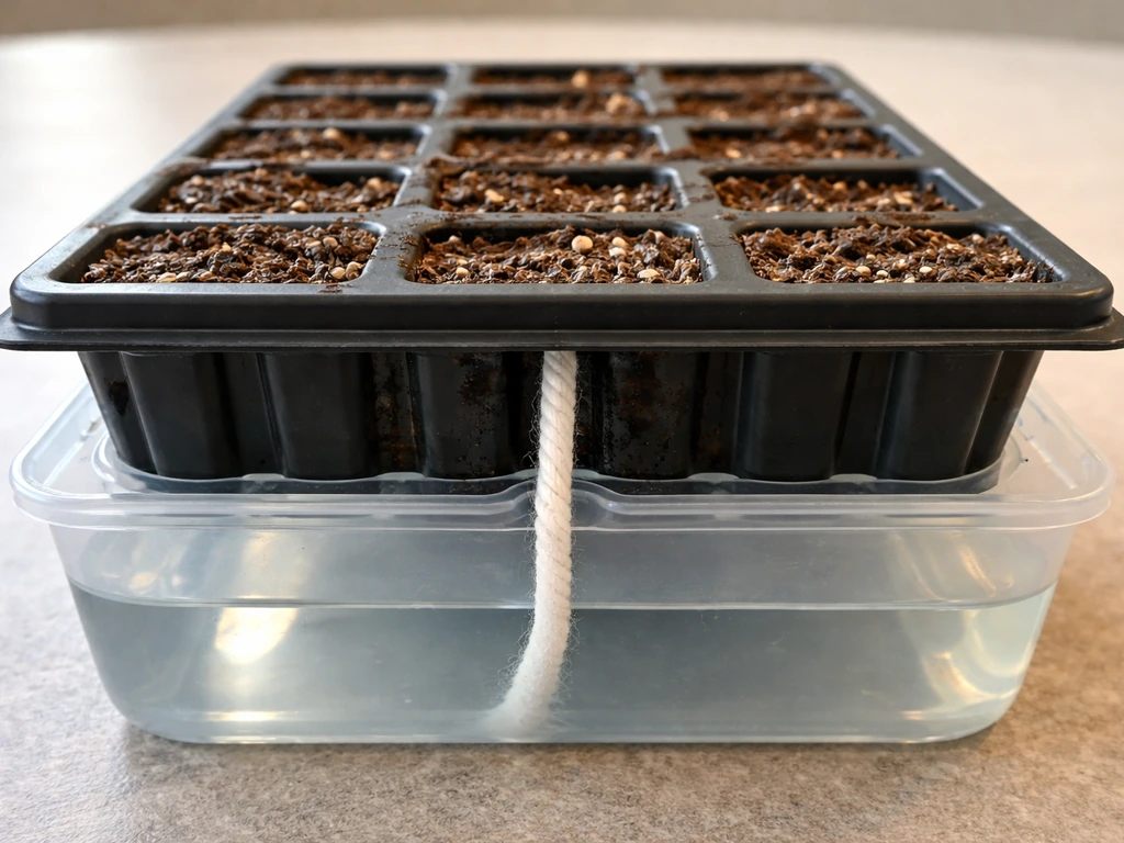Close-up of a wick-watering setup with the wick touching moist seed-starting medium under a tray.