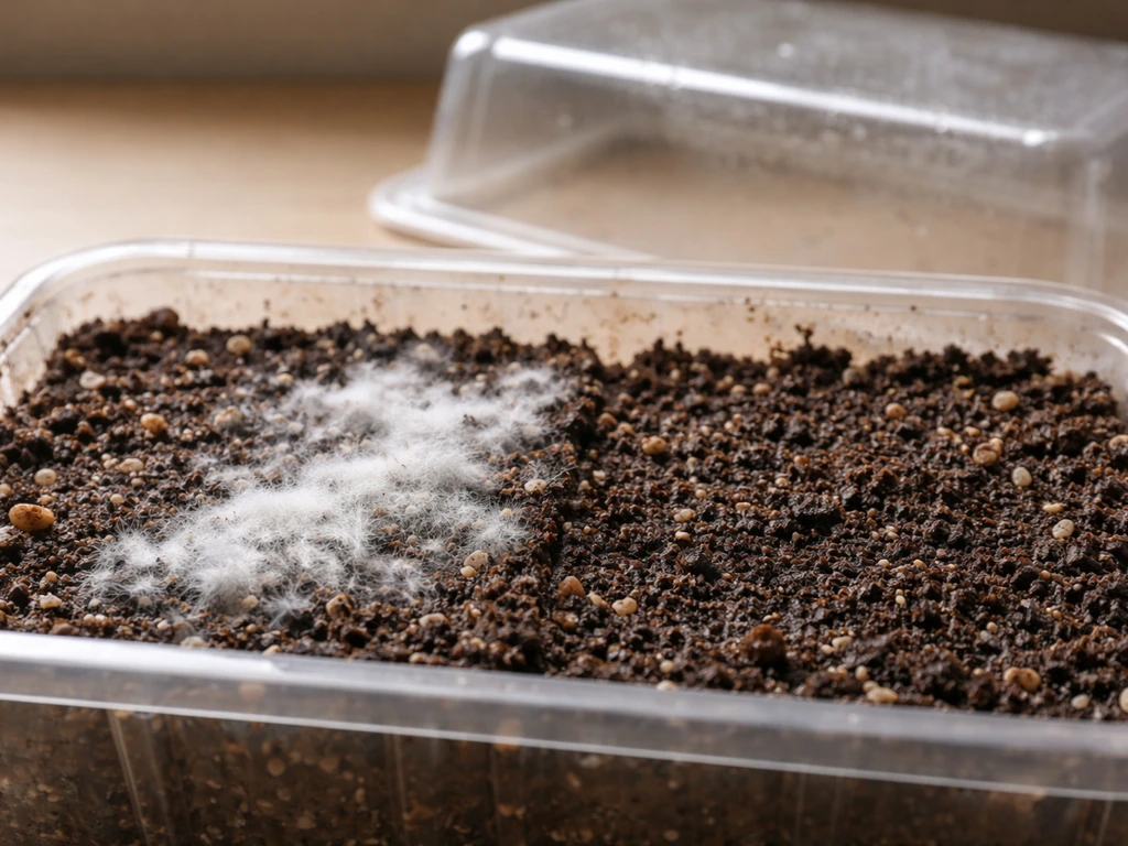 Close-up of white fuzzy mold on soil surface, with humidity dome removed and airflow improved.