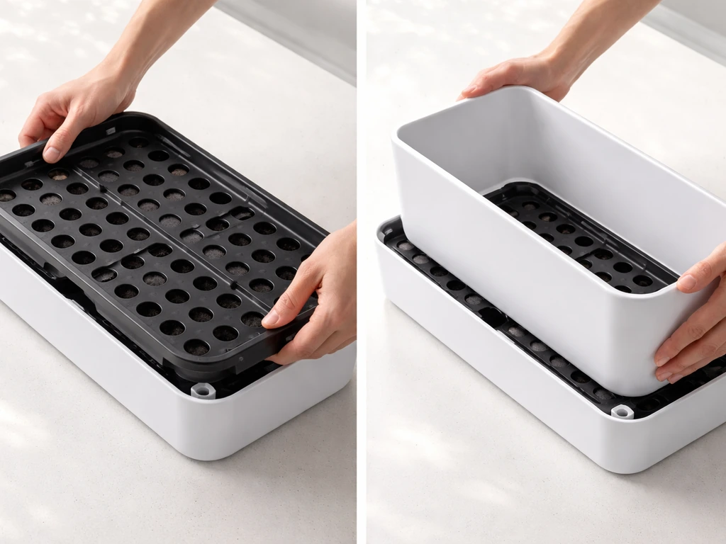 Close-up of hands snapping an aeration tray into a reservoir base and fitting the grow box on top