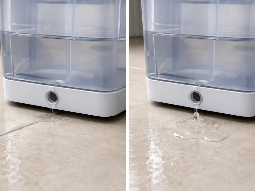 Minimal photo showing a small water overflow trail stopping after priming, with a separate view of steady dripping from