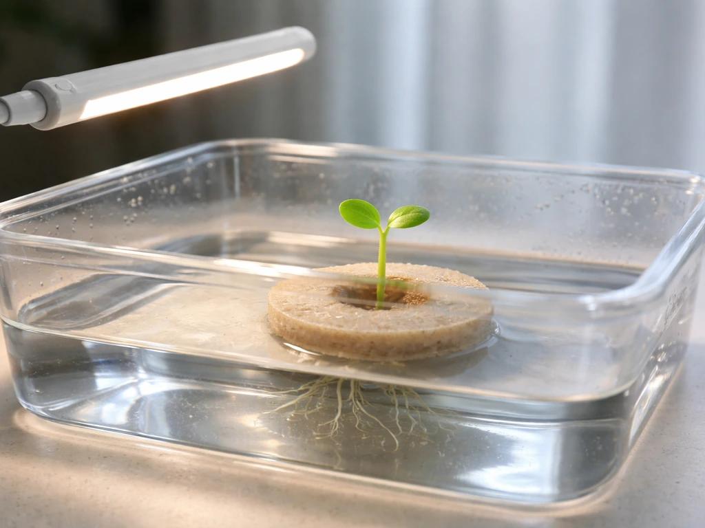 Close-up of a clear water tray with a sprouting grow pod and small seedling under soft light
