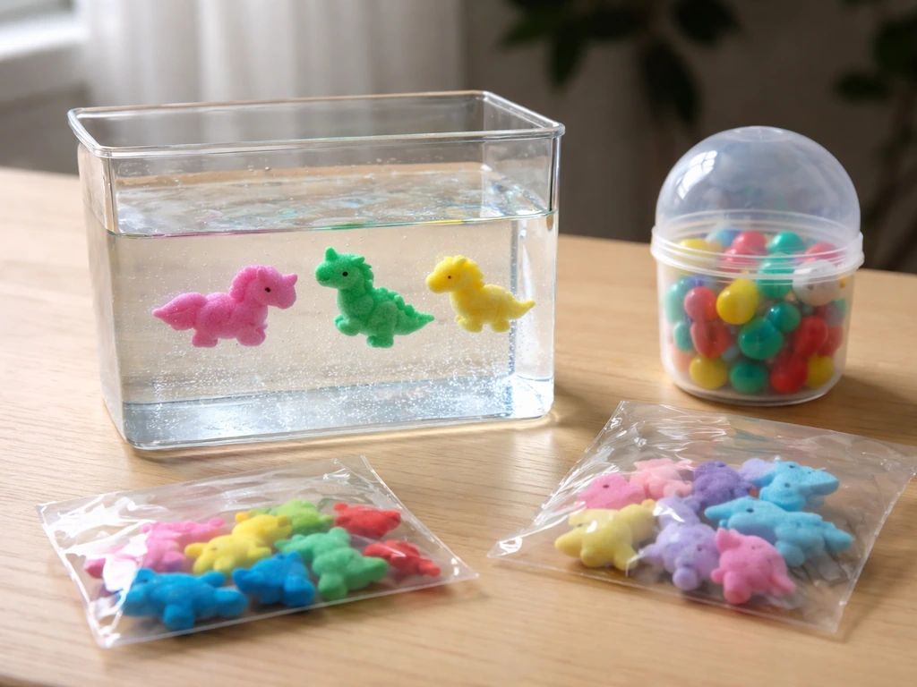 Assorted unlabeled grow-toy kits and clear water containers on a tabletop.