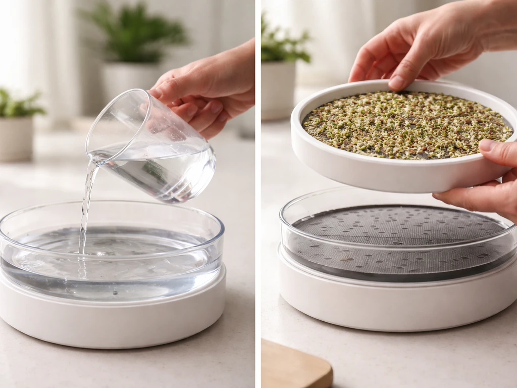 Close-up of hands filling a small grow tray reservoir to the water line and placing the growing insert