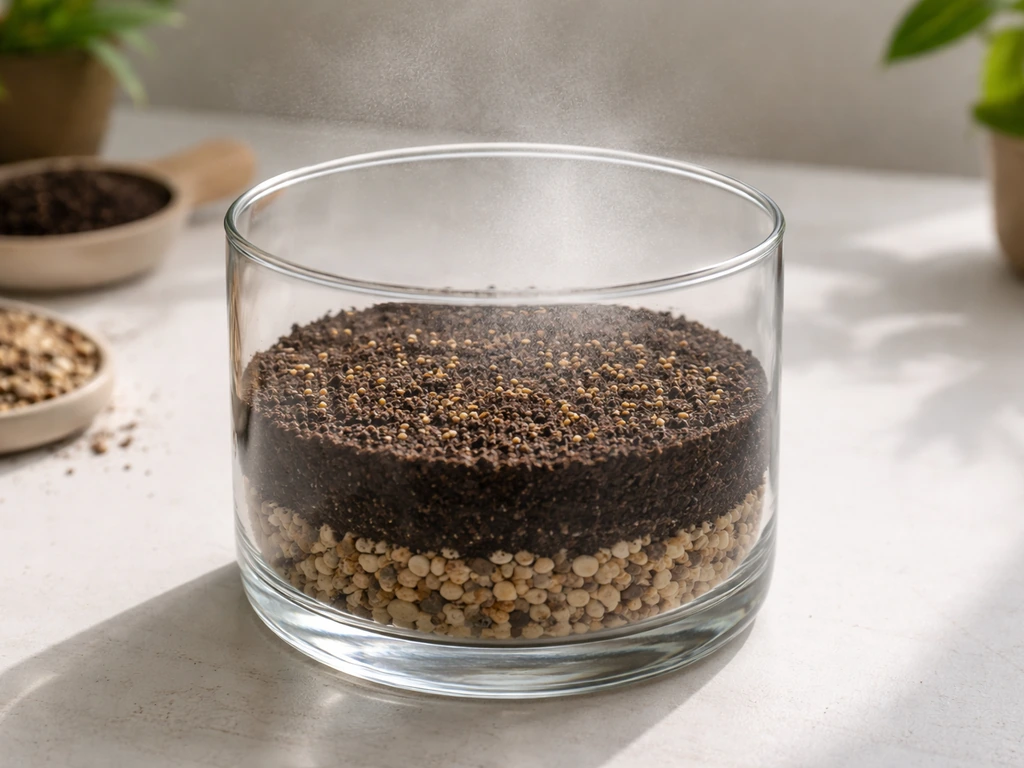 Close-up of layered terrarium in a clear container with pebbles, soil, visible seeds and light misting.
