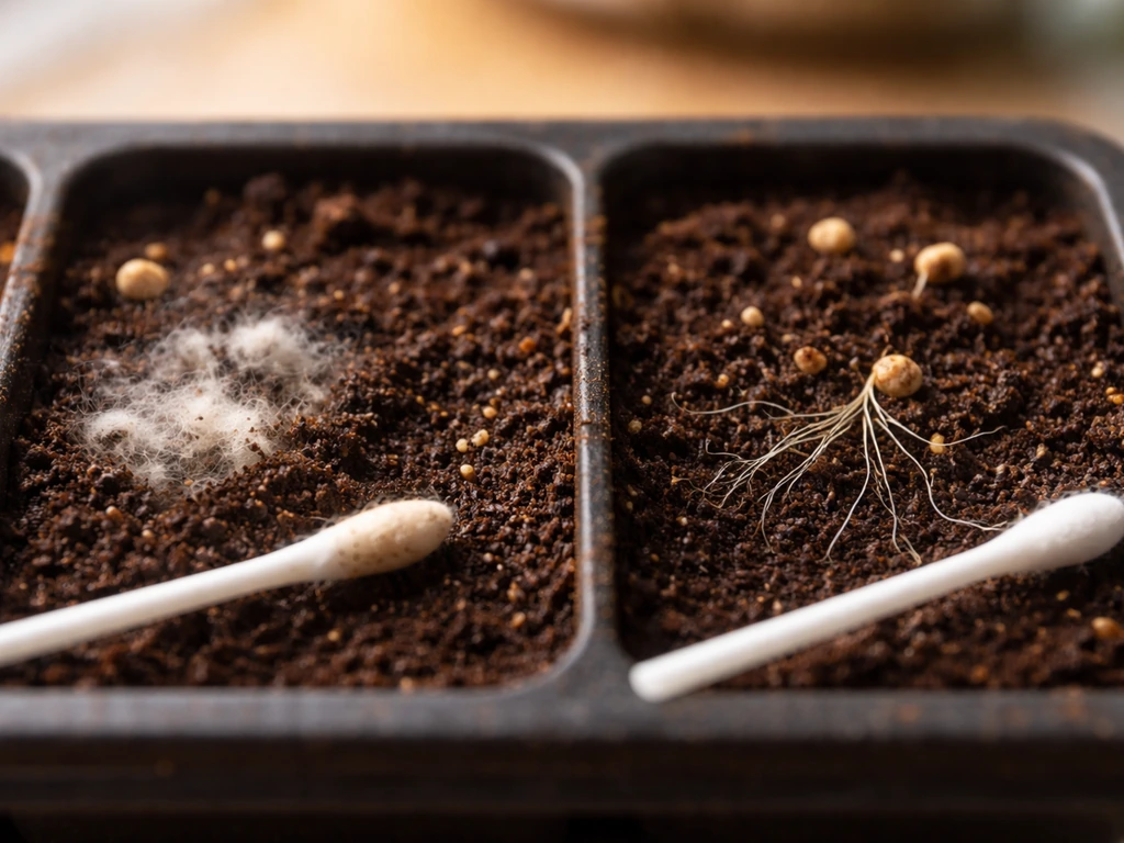 Close-up of seedbed showing fuzzy mold next to normal white root hairs on moist medium, with a wipe test.