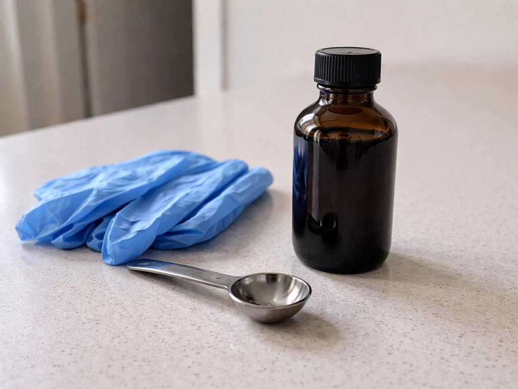Concentrate bottle, gloves, and measuring spoon staged on a clean counter before mixing.