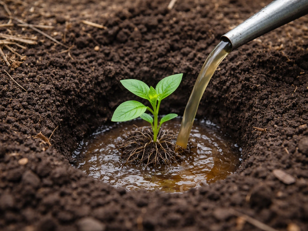 A potted plant set into a prepared garden hole with diluted plant solution poured around its roots