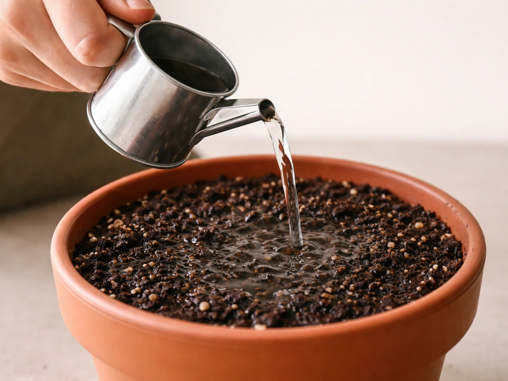 Hands pour diluted solution onto the soil surface of a small potted plant in a close-up.