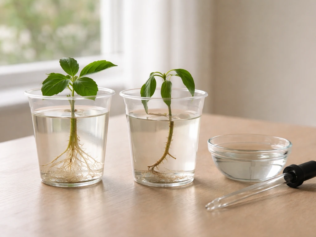 Two small plant cuttings in pots, one healthy and one struggling, with a measuring dropper nearby