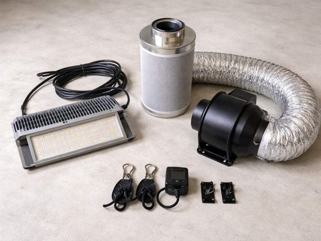 Grow tent kit components laid out: LED grow light, inline fan, carbon filter, ducting and clips on floor.