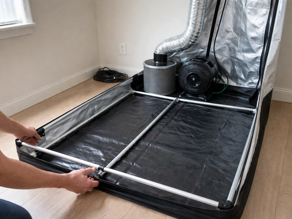 Grow tent being assembled in a clean room, with fan/filter and connected duct hoses visible