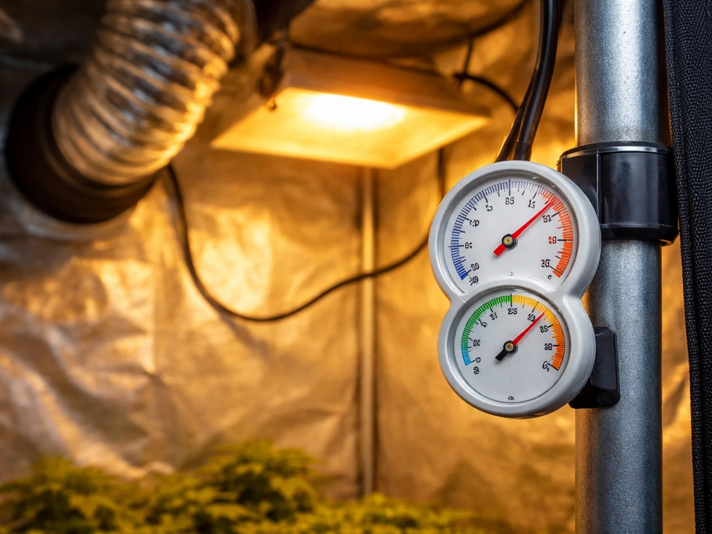 Close-up of a grow tent showing a thermometer and hygrometer near an airflow vent and light setup