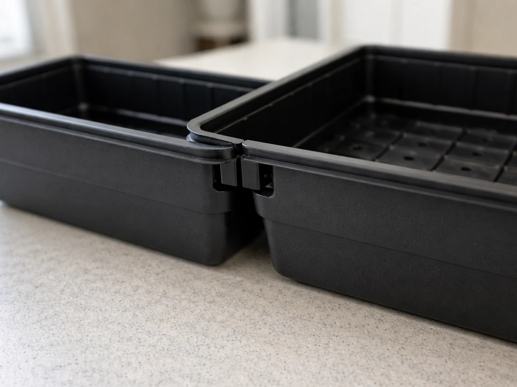Two GrowBox planter halves being joined with spouts aligned on the same side on a clean work surface.
