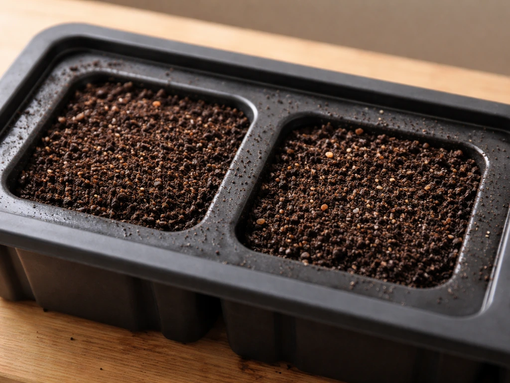 Close-up of packed square holes in an upper seed tray, with moist potting mix and wick channels.