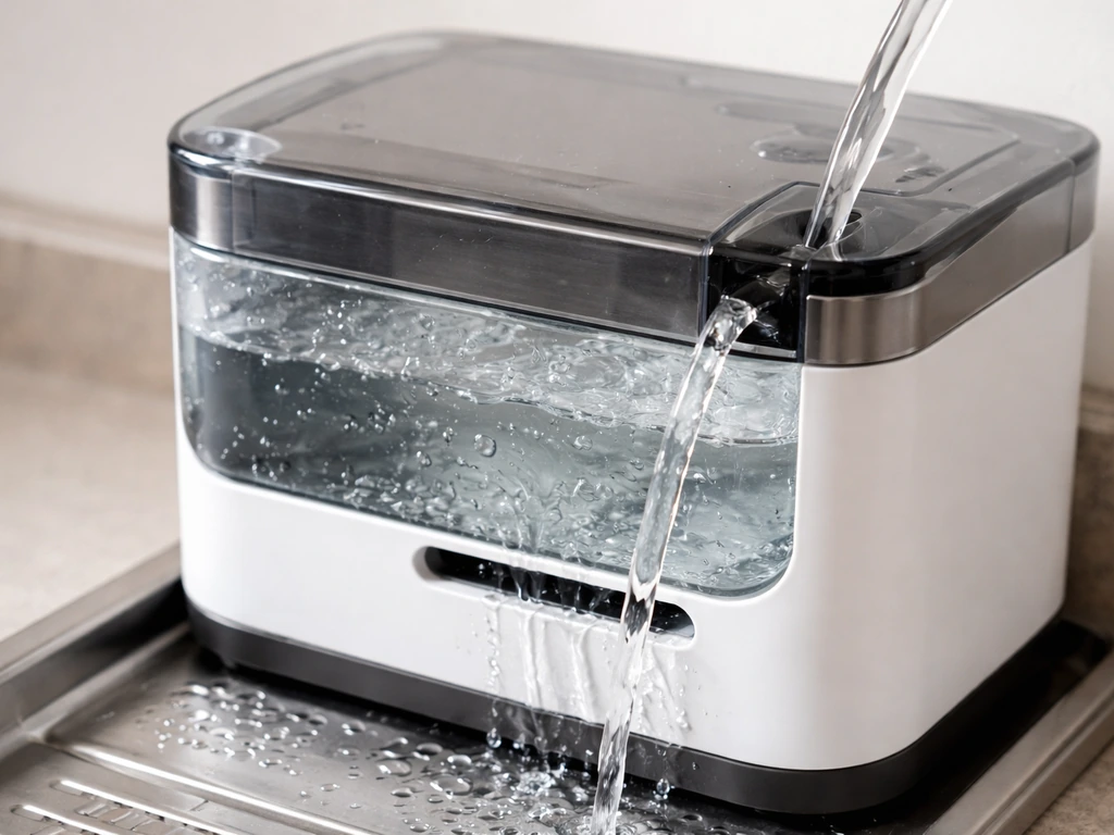 Water poured through a side spout into a reservoir until it overflows from the front opening.
