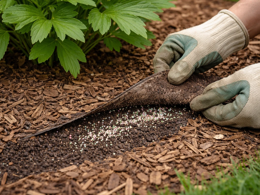 Gloved hands checking a worn fertilizer patch in a small garden bed near a perennial