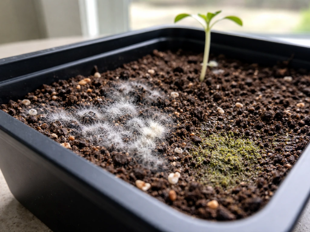 Indoor grow box showing white fuzz and faint green algae on the soil surface near a plant.