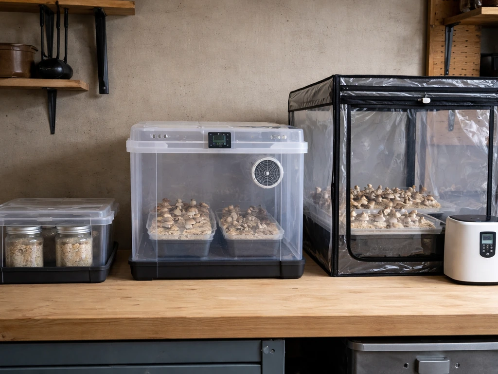 Three anonymous grow kits side by side on a table with visible jars/chambers and a compact heater