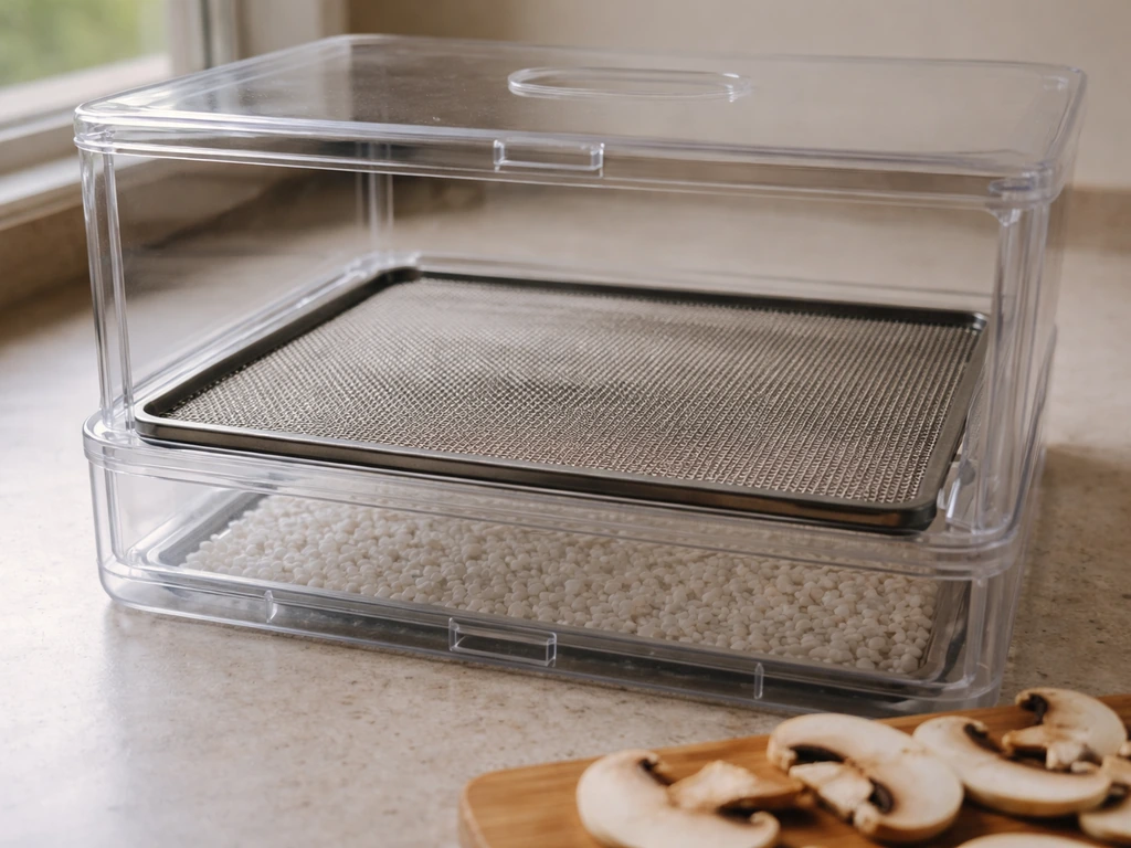 Mesh separation screen staged inside an open drying chamber on a clean counter, ready to load.