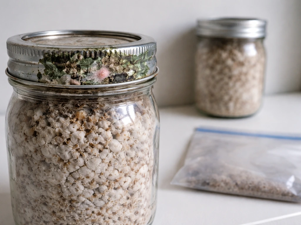 Close-up of a mushroom grow jar lid with green and pink contamination patches, plus a nearby sealed removal bag.