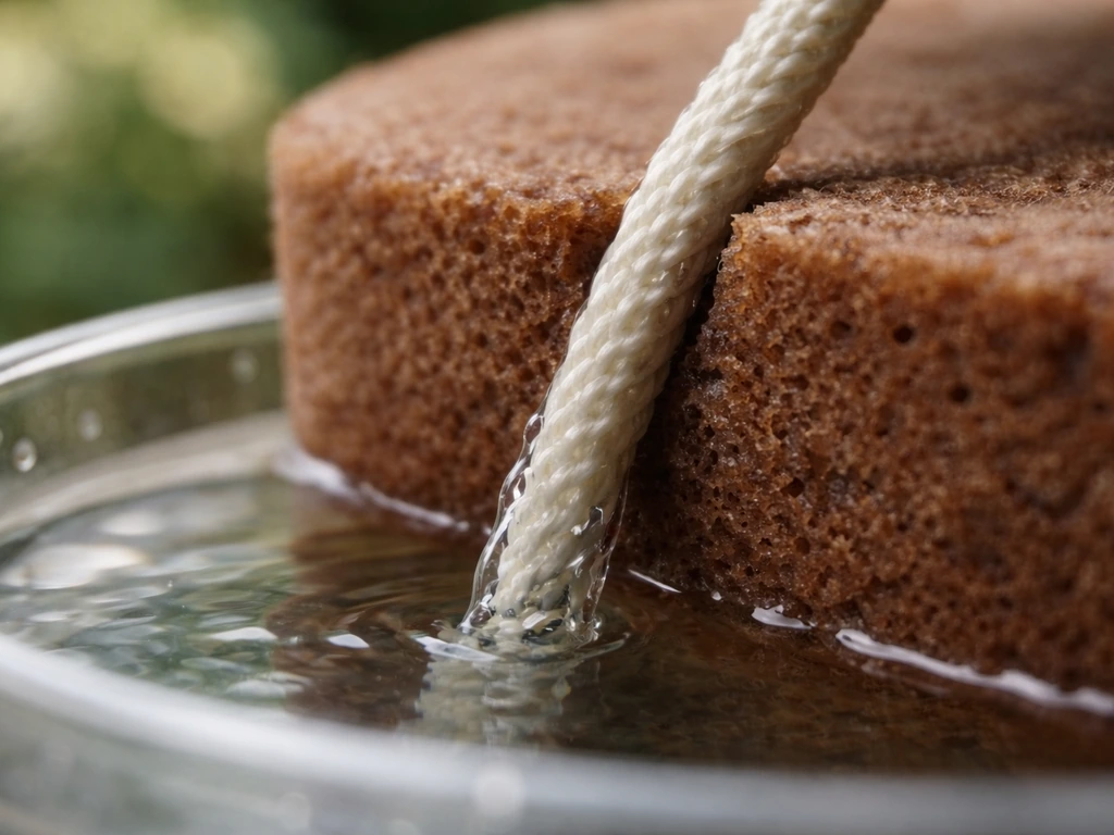Close-up of a braided nylon wick cord absorbing water into a porous surface by capillary action
