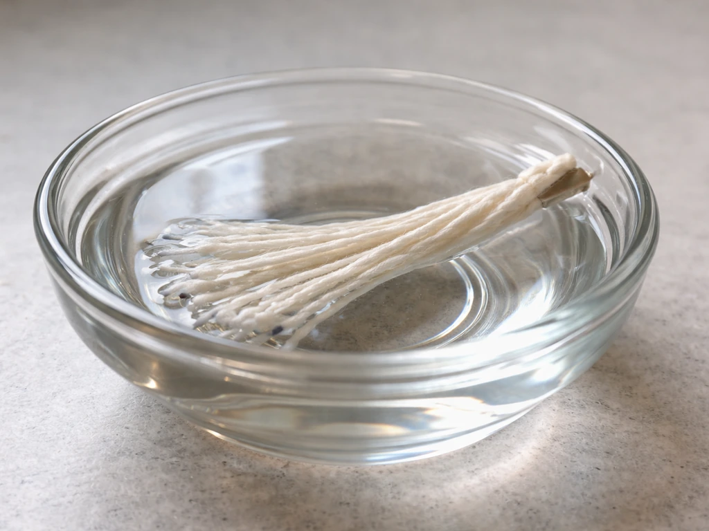 Wet DIY wick fibers soaking in a small clear bowl of water on a plain countertop.